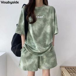 Women's Tracksuits Summer Tie Dye Casual Short Sets Round Neck Sleeve T-Shirt Elastic Waist Shorts Two Piece