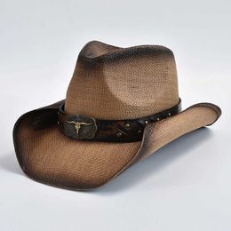 Wide Brim Hats Bucket Hats Mens Womens Vintage Straw Western Cowboy Hat Summer Panama Beach Sun Hat Gentleman Lady Cowgirl Jazz Hat Y240425