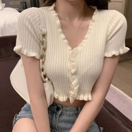 Cardigans Lucyever Summer Knitting White Tshirts Women Sweet Cute Ruffles Vneck Crop Tops Woman Korean Short Sleeve Cropped T Shirt 2022