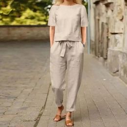 Fashion Womens Cotton Hemp Summer Khaki Round Neck Short Sleeve Loose Top High Waist Pocket Wide Leg Pants Retro 2 Piece Set 240412