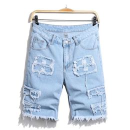 Men's Jeans Street clothing summer mens eyelet patch patchwork denim shorts fashionable solid mens casual straight jeans five point pantsL2405