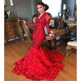 Red Prom Sequins Shiny Mermaid Dresses V Neck Long Sleeves D Floral Skirt Sweep Train Formal Party Evening Gowns