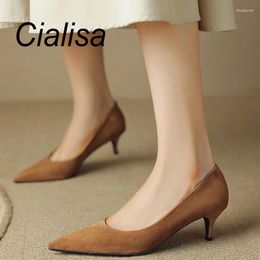 Dress Shoes Cialisa Sexy Pointed Toe Autumn Kid Suede Leather Elegant Party Women Pumps Handmade Slip-On Thin Mid Heels Footwear