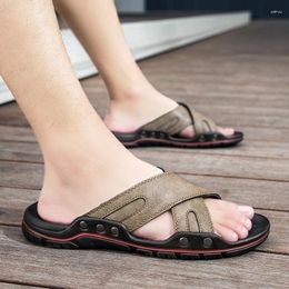 Slippers Men's Summer Beach Walking Shoes Leather Fashion Men Flip-flops Classic Male Luxury All-match Outdoor Pantuflas