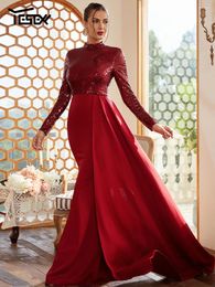 Casual Dresses Yesexy Formal Draping A-Line Long Sleeve Sequin Red Prom Evening Luxury Elegant Party For Women 2024 Cocktail Dress