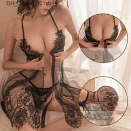 Sexy Set Transparent Erotic Open Pyjamas Lace Frenulum Tulle Dress Lingerie Women Crotch Sheer Temptation Black Plus Size Baby Doll Q240426