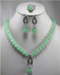 Beautiful Jewelry 8MM Green Jade Pendant Necklace Earring Ring Set7109852