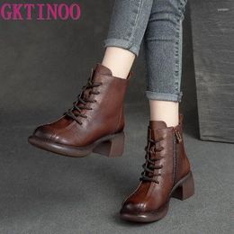 Boots GKTINOO Women Genuine Leather Retro Slope Heel Thick Soled Platform Ankle Fashion Shoes Handmade Modern