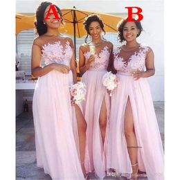 Pink African Blush Bridesmaid Sexy Sheer Jewel Neck Lace Appliques Maid of Honour Dresses High Split Formal Party Evening Gowns 2024
