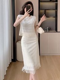 Work Dresses Korean Fashion Lace Tassel Skirt Two Piece Set For Women Chic Short Sleeve O Neck Top High Waist Mid Outfits