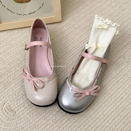 Casual Shoes Round Bow Knot Thick Heel Soled Leather For Womens Summer 2024 Light Silver Pumps