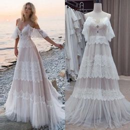 فستان طويل الزفاف الزفاف البوهيمي السباغيتي عارية الذروة Tulle Boho Beach Bridal Sweep Train Back Lace-Up Plus Summer Summer Robe de Mariage