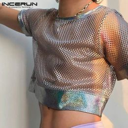 T-Shirts Men T Shirt See Through Mesh Patchwork Streetwear Sexy Oneck Short Sleeve Crop Tops Breathable Party Casual Men Clothing S5xl