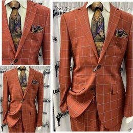 Men's Suits British Orange Plaid 2 Pieces Two Buttons Notch Lapel Wedding Business Suit Tuxedos Groom Prom Tailored Jacket Pant