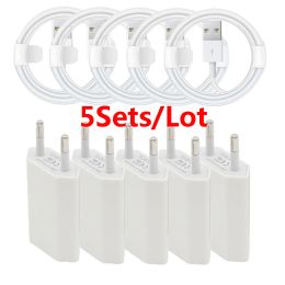 Chargers 5Pcs USB Charging Cable EU Wall Charger For iPhone 8 7 6 6S Plus 5 5S SE 2020 13 12 11 Pro Travel Charger USB Data Sync Cable