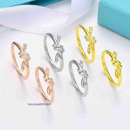 Women Band Tiifeany Ring Jewelry High Edition Diamond Knot with 18K Rose Gold Plating on White Copper for Personalized Fashion Smooth Face