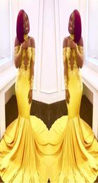 Newest Sexy Yellow Black Girls Mermaid Prom Dresses Lace Long Sleeves Backless Satin Floor Length Formal Party Wear Evening Gowns 1635241