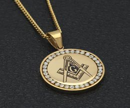 Men Mason Round Pendant Tag Stainless Steel With Clear Rhinestones Masonic Compass Square Symbol 24quot Cuban Chain Necklac4126465