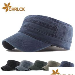 Berets Chrlck 2023 Classic Vintage Flat Top Mens Washed Cotton Outdoor Caps Adjustable Army Hat Military Hats For Men Gorras 230822 D Dhttc