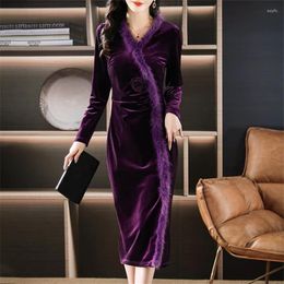 Casual Dresses Autumn Winter Dress Women V-Neck Fur Elegant Velvet Vintage Long Sleeve Party Bodycon Vestidos