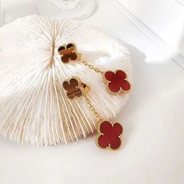 four leaf clover Earrings Light Luxury Four Leaf Grass and V Gold Thickened 18K Rose Plated Natural Tiger Eye Red Agate Double sided Flower