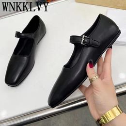 Casual Shoes Spring Genuine Leather Flat Loafer Women Square Toe Buckle Strap Ballet Shallow Mouth Single All Match