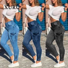 XURU - European and American Pocket Polished White Old Jeans Womens Wear Sexy Zipper Work Dress Small Leggings Pants7-1689 240419