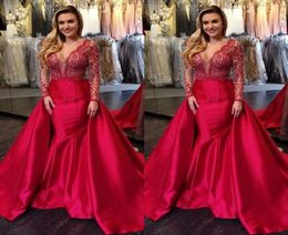 Fashion 2019 Red Satin Mermaid Overskirts Evening Dresses with detachable train Turkey Lace Long Sleeve Prom Gowns V Neck formal P9724478