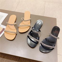 Slippers 2024 Summer Style Sandals Rhinestone Flat Shoes One Word Belt Outside Wear All-match Women Beach