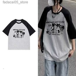 Men's T-Shirts Patchwork oversized T-shirt womens cat print short sleeved Korean street clothing Harajuku Q240425