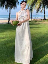 Casual Dresses White Sleeveless Embroidery Ruffles Bandage Vest Dress For Women Summer Fashion Festival Pleated Long Romantic Vestidos