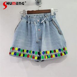 Women's Jeans European Station 2024 Summer Heavy Industry Short Beaded Colorful Crystals High Waist Slimming Wide-Leg Denim Shorts