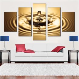 Abstract Rings Canvas Wall Art Bright Gold Water Droplet 5 Piece Multi Canvas Painting Beautiful Copper Drop Splash Home Decor