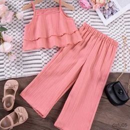 Clothing Sets Toddler Girls Solid Sling Suits Suspenders Summer Ruffles Wide-Leg Pants Clothes Sets Lovely Elegant Casual Suit Baby Outfits