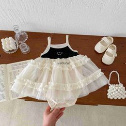 Rompers Summer False 2pcs Infant Baby Girls Lace Bodysuit Mesh Camisole One Piece Toddler Girls Party Clothes Jumpsuits H240506