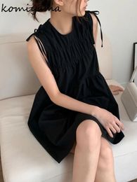 Casual Dresses Lace-up Bow Women Dress Korean Chic Ruched Vestidos O-neck Sleeveless Summer Vestido Fashion Simple Mini Ropa Mujer