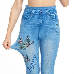 Women's Leggings Spring Butterfly Print Women High Waist Jeggings Soft Casual False Jeans Plus Size Stretchy Denim Pants