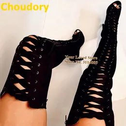 Boots Choudory Black Lace-up Open Toe Over-the-knee Cross Strappy Zipped Thigh High Stiletto Heels Nightclub Dress Shoes