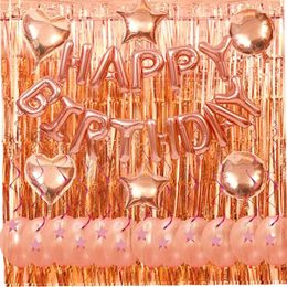 Party Decoration Rose Gold Foil Latex Balloons Letter Banner Metallic Tinsel Fringe Curtains Plastic Hanging Swirl Birthday Decorations Kit