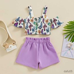 Clothing Sets Toddler Girls Clothes Summer Outfits Butterfly Print Bowknot Off Shoulder Short Sleeve Tops Shorts 2Pcs Set