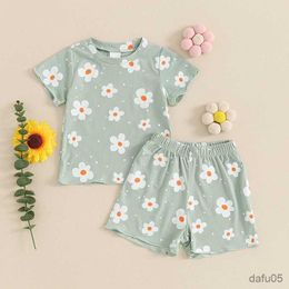 Clothing Sets Kids Clothes Girls Summer Baby Clothing Ribbed Short Sleeve Crewneck Floral Print T-shirts Shorts Sets Beach Outfits