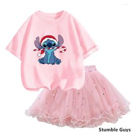 Clothing Sets Summer Fashion Korean Children Clothes Outfits 3-14Y Little Girls Cute Stitch T Shirt& Mesh Tutu Skirt Two Piece Set