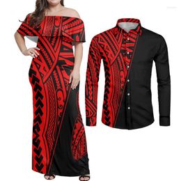 Casual Dresses HYCOOL Polynesian Maori Tattoo Design Couple Clothing Set Tribal Print Sexy Off Shoulder Bodycon Red And Black Dress For