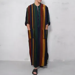 Ethnic Clothing Spring/Summer Middle Eastern Apparel Long Sleeve One Piece Arabic Men's Stripe Printed Muslim Robe Dress Men