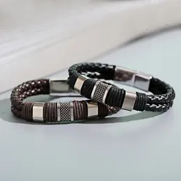 Charm Bracelets Classic Stainless Steel Men's Leather Bracelet Luxury Accessories Retro Wrist Band Christmas Gifts Black And Brown