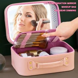 Bins 2024 New Lighted Cosmetic Case With Mirror LED Portable Cosmetic Bag Largecapacity Makeup Storage Box