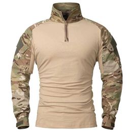 Tactical T-shirts Long sleeved tactical shirt US CP Army combat shirt 1/4 zipper tear resistant cotton military camouflage air jacket 240426