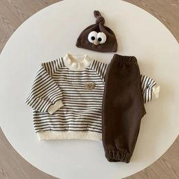 Clothing Sets 2024 Winter Fall In Kids Baby Boys Full Sleeve Striped Cartoon Bear Top Sweatshirts Solid Pants Infant Thick Plush