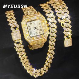 Strands Golden Cuban Mens Chain Watch Hip Hop Miami Curve Iced Rhinestone Sparkling Rap Necklace Watch+Bracelet Jewellery 240424