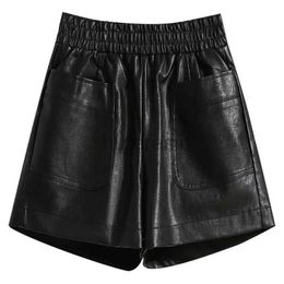 Women's Shorts Spring and Winter New 2024 Womens Spliced Pocket Fashion Solid Colour Leather Shorts Loose Wide Leg Leather Boots and Pants d240426
